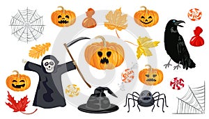 Set of halloween illustrations. Spider web, scary pumpkin Jack, black raven, candy, autumn leaves, witch hat, evil spider.