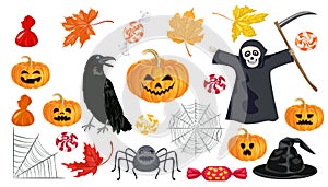 Set of halloween illustrations. Spider web, scary pumpkin Jack, black raven, candy, autumn leaves, witch hat, evil spider.