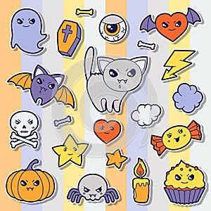 Set of halloween kawaii cute sticker doodles and