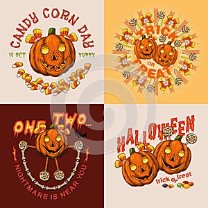 Set of halloween labels with sweets, candy corn, bones, bat, text, pumpkins like human characters such as happy kids