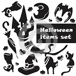 Set of Halloween paraphernalia, includes witch hat, witch boots, umbrella, broom, cat, bat, moon, house. For designing Halloween