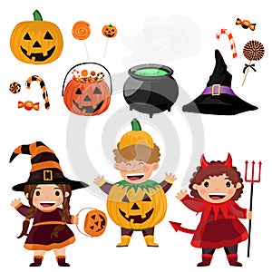 Set.Halloween Party. Group of kids in halloween costume. Vector illustration.