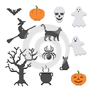 Set of Halloween pixelart objects