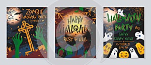 Set of Halloween posters with pumpkins,ghosts,graveyard,full moon,dead trees and bats