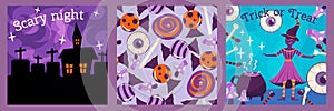 Set of Halloween posters with a witch, candy and a creepy house. Cute illustrations with characters and seamless pattern