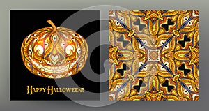 set with Halloween pumpkin head card and seamless pattern, backg