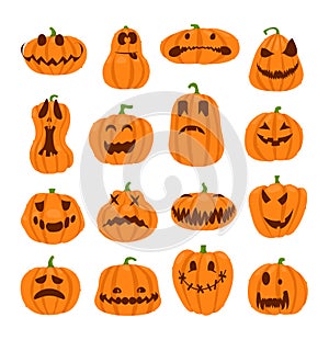 Set of halloween pumpkins faces. The main symbol of the Happy Halloween holiday. Orange pumpkin with smile for your design for the