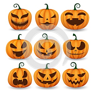 Set of halloween pumpkins, funny faces.