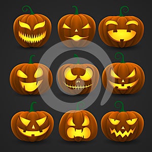 Set of halloween pumpkins, funny faces.