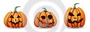 Set of halloween pumpkins with funny faces on white background