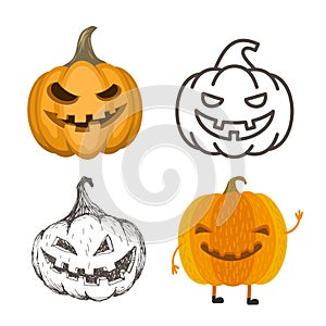 Set of Halloween pumpkins in different style.