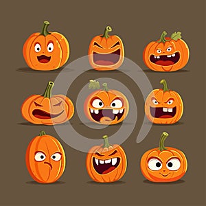 Set of Halloween pumpkins with smiling faces. Vector flat style illustration for design poster, banner, print