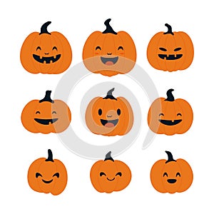 Set of Halloween pumpkins with smiling faces. Vector flat style illustration for design poster, banner, print