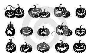 Set of halloween pumpkins.  Variety  terrifying scary pumpkins. Black silhouette isolated.