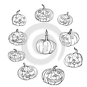 Set of Halloween pumpkins,white background, doodles