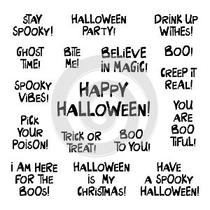 Set of halloween quotes. Cute hand drawn lettering in modern scandinavian style. Isolated on white background. Vector stock