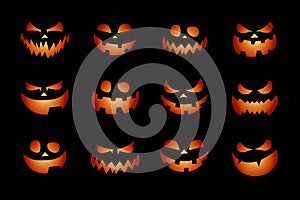 Set of Halloween scary glowing pumpkins cut silhouettes on black background