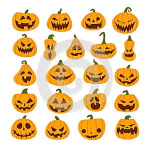 Set of Halloween scary pumpkins. Flat style spooky creepy pumpkins