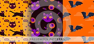 Set of Halloween seamless pattern. cats, bats and halloween sweets.