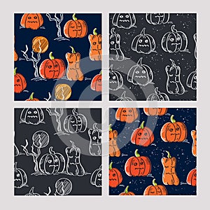 Set of Halloween seamless patterns with pumpkins. Background for textile, wallpapers, gift wrap and scrapbook.