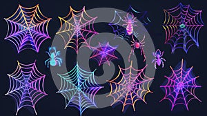 Set of Halloween spider webs, cobwebs, and spooky insect nets isolated on a black background, Cartoon modern