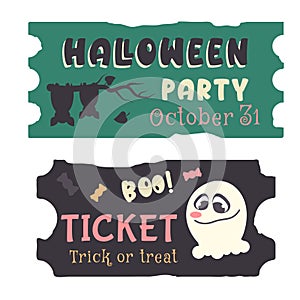 Set of Halloween Traditional holiday coupon isolated. Different color hand drawn tickets. Cute ghost, silhouette of bat, candy,