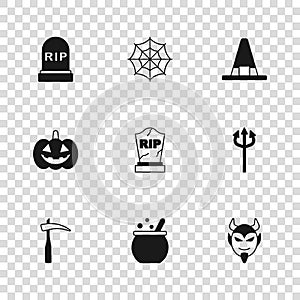 Set Halloween witch cauldron, Trident devil, Devil head, Tombstone with RIP written, Witch hat, Spider web and Pumpkin