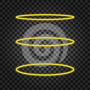 Set Halo angel ring . Holy golden nimbus circle on black transparent background. Vector illustration.