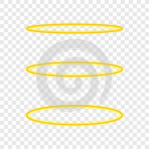 Set Halo angel ring . Holy golden nimbus circle on transparent background. Vector illustration.