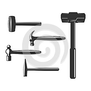 Set of Hammer for Mining, Smith, Blacksmith, Metalwork, Repair, Carpenter, Carpentry, and Builder Tools. Illustration