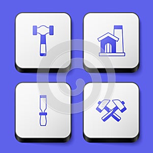 Set Hammer, Smithy workshop interior, Rasp metal file and Crossed hammer icon. White square button. Vector