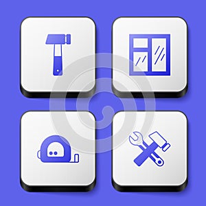 Set Hammer, Window in room, Roulette construction and and wrench spanner icon. White square button. Vector