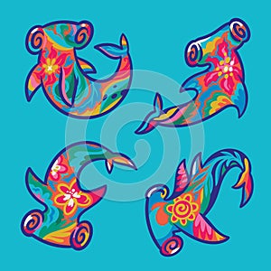 Set of hammerhead sharks with decorative flowers ornaments inside