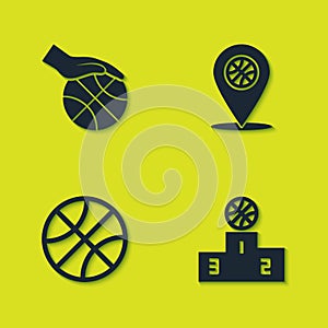 Set Hand with basketball ball, Sports winner podium, Basketball and Location icon. Vector