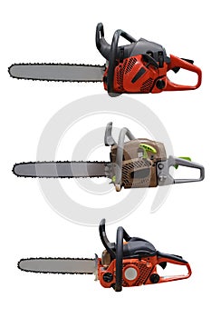 set of hand chainsaws isolated on white background