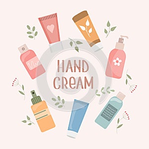 A set of hand creams. Routine skin care. Daily organic cosmetics. Flat illustration.