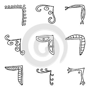 Set Hand Draw Of Corners Different Shapes Flower Decoration Vector Design Doodle Sketch Style For Wedding And Banner