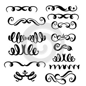 Set of hand draw elements, lines and ornaments of calligraphy brush.