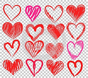 Set of hand draw red and pink heart symbol on transparent background, stock vector illustration