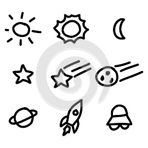 Set of hand drawing line in space concept Sun, moon, star, rocket, ufo