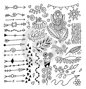 Set of hand drawing page dividers borders and arrow, doodle floral design elements