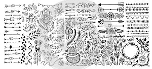 Set of hand drawing page dividers borders and arrow, doodle floral design elements