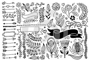Set of hand drawing page dividers borders and arrow, doodle floral design elements