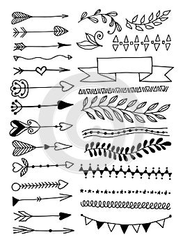 Set of hand drawing page dividers borders and arrow, doodle floral design elements