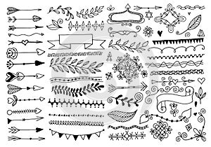 Set of hand drawing page dividers borders and arrow, doodle floral design elements