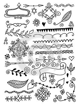 Set of hand drawing page dividers borders and arrow, doodle floral design elements