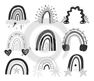 Set of hand drawing rainbow abstract shapes. Monochrome like children`s drawings with stars, hearts, rain, eyes and hands. Vector