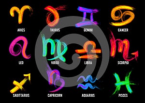 Set of hand drawn acrylic brush zodiac signs.