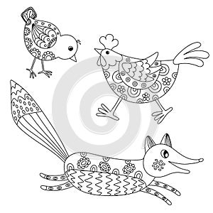 Set of hand drawn animals: fox, hend and chicken