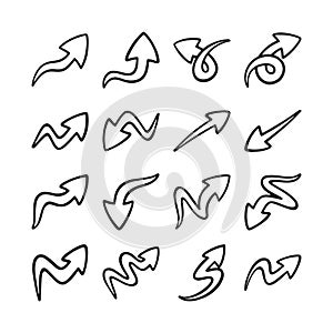 Set of hand drawn arrow doodles on white background